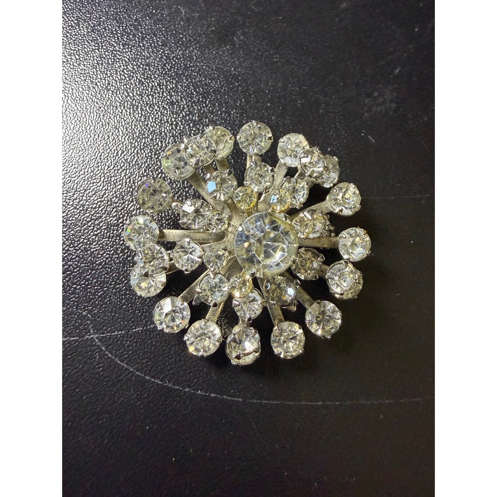 Vintage Sunburst Brooch Silver Tone Clear Rhinestone Starburst Floral Pin